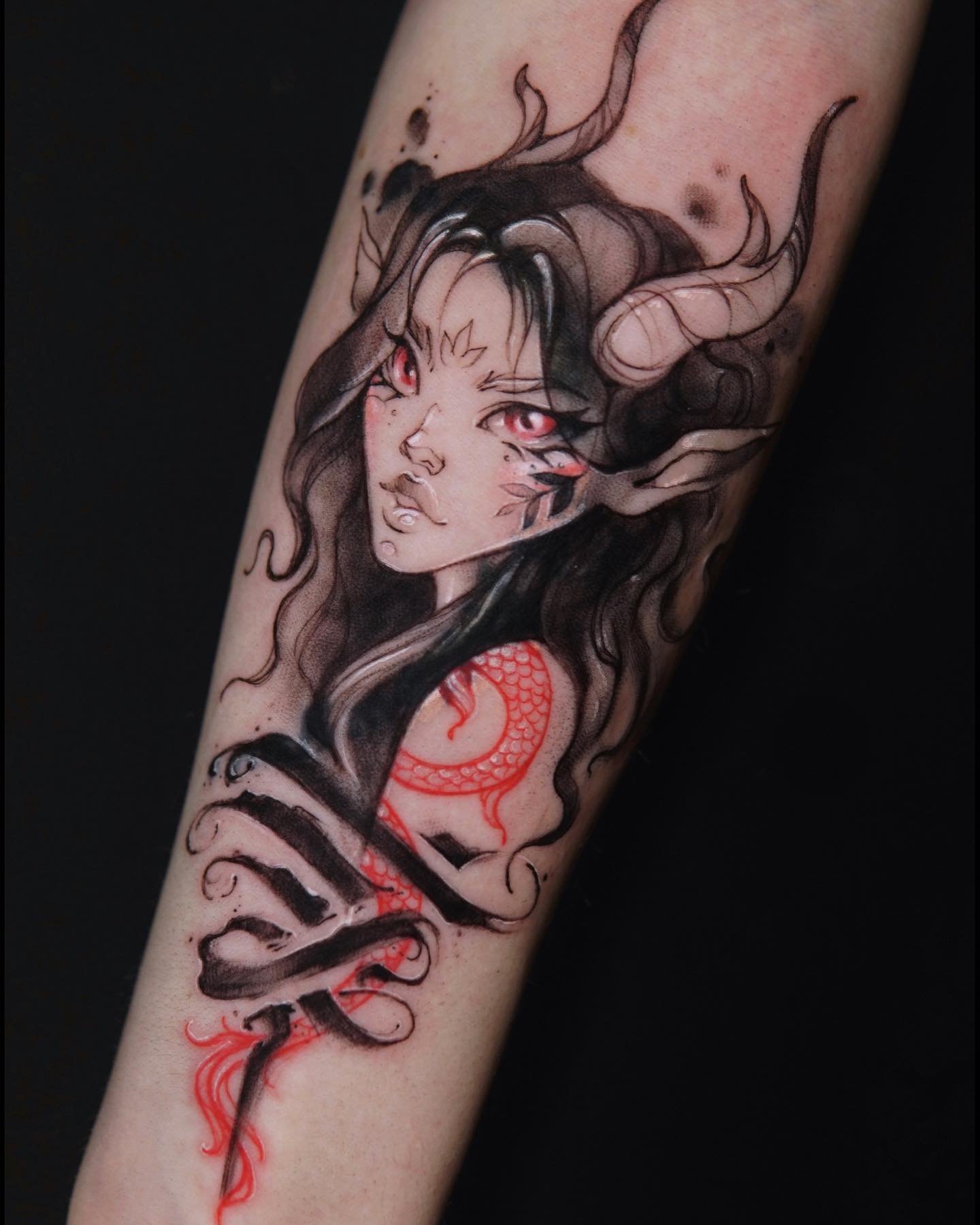 Connected Ink Tattoo and Body Piercing  a dark anime inspired piece on the  inner forearm by Danny here in connected Ink email message or call us for  any tattoo and piercing